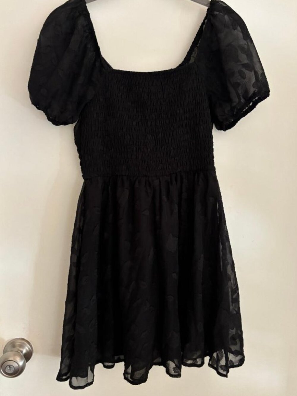 Lily Rose Black smocked back and front gathered flocked rose overlay dress S